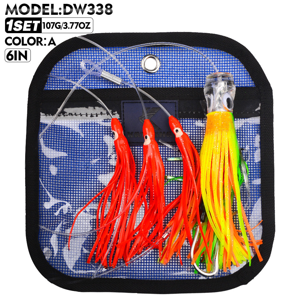 KATYUSHA Squid Trolling Lure Set, 6PCS/Set, 5.9-9.1in, Crystal/Metal Head, with Storage Bag