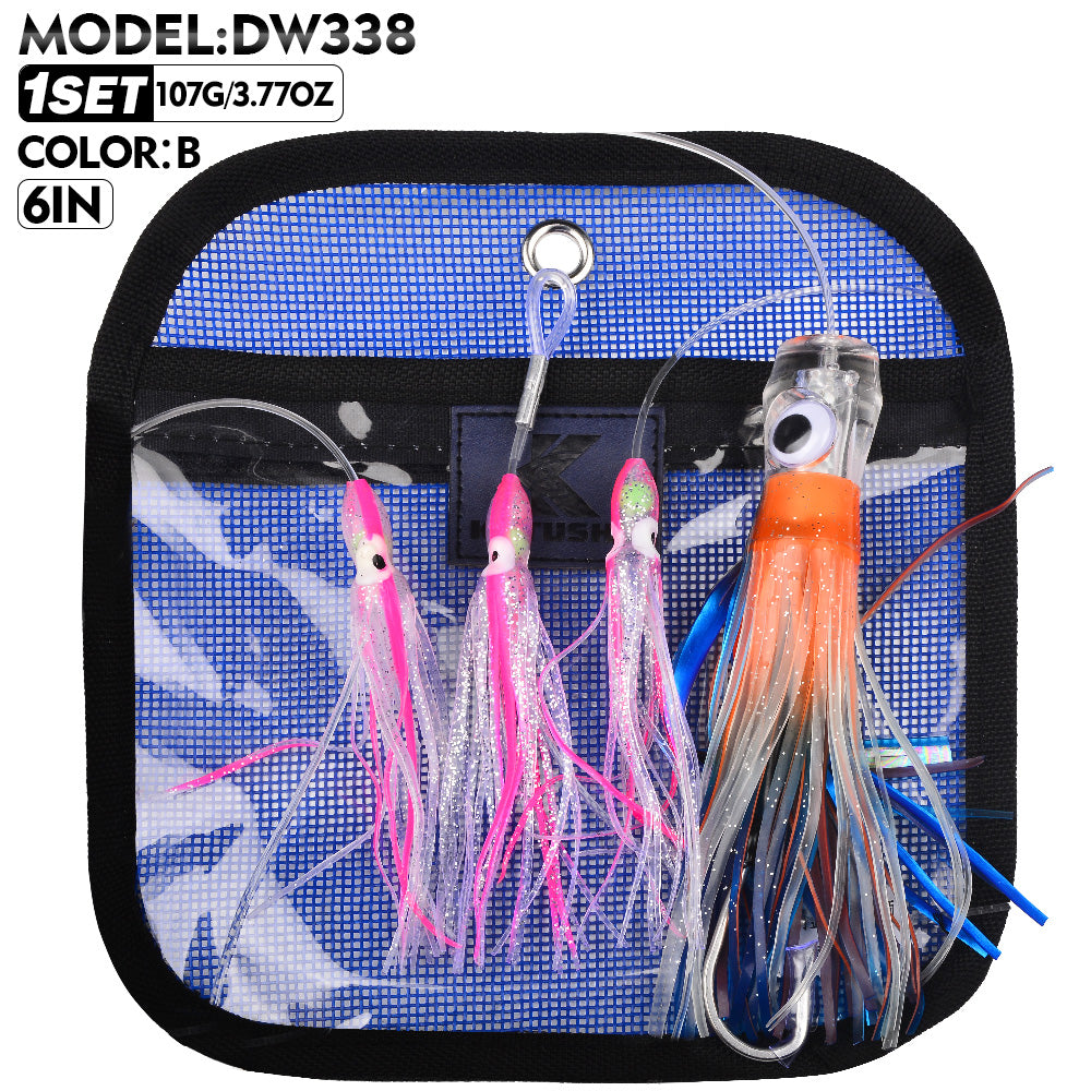 KATYUSHA Squid Trolling Lure Set, 6PCS/Set, 5.9-9.1in, Crystal/Metal Head, with Storage Bag