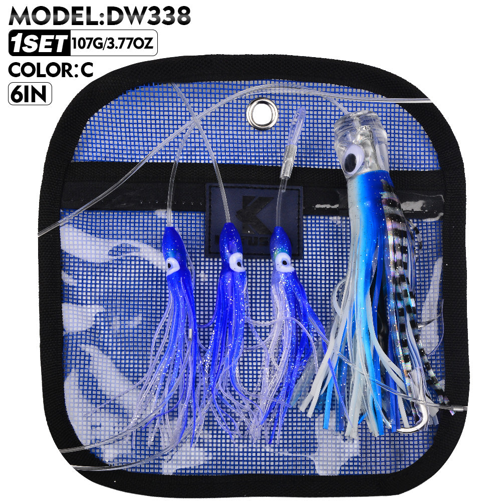 KATYUSHA Squid Trolling Lure Set, 6PCS/Set, 5.9-9.1in, Crystal/Metal Head, with Storage Bag