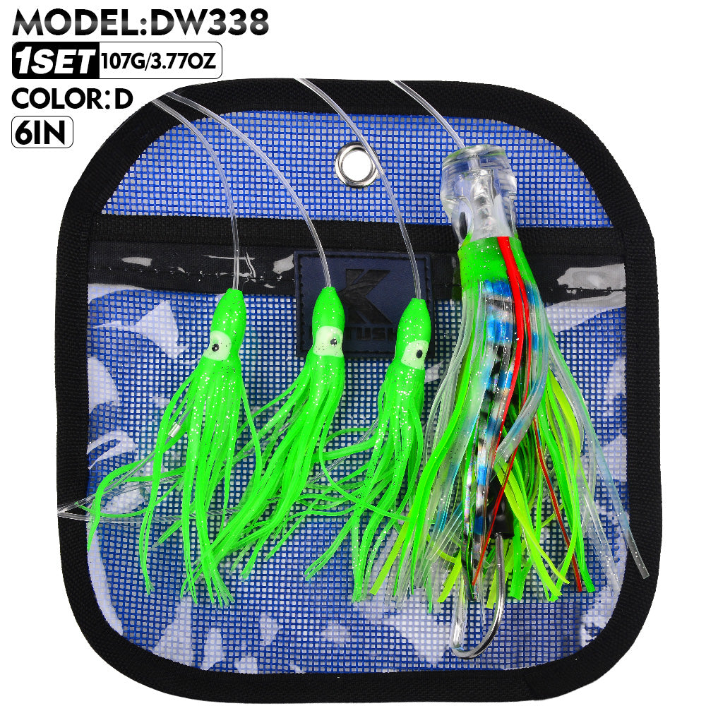 KATYUSHA Squid Trolling Lure Set, 6PCS/Set, 5.9-9.1in, Crystal/Metal Head, with Storage Bag