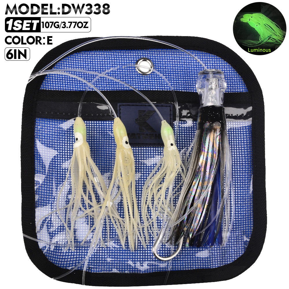 KATYUSHA Squid Trolling Lure Set, 6PCS/Set, 5.9-9.1in, Crystal/Metal Head, with Storage Bag