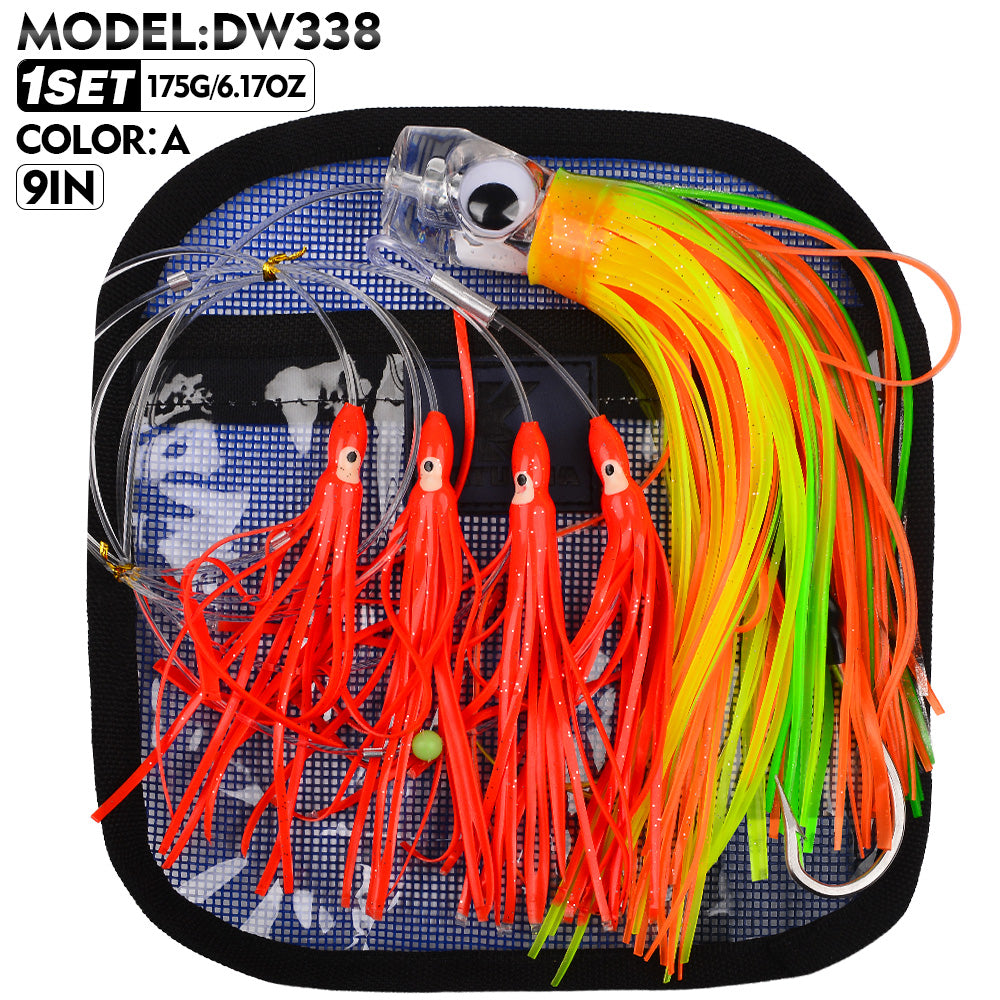 KATYUSHA Squid Trolling Lure Set, 6PCS/Set, 5.9-9.1in, Crystal/Metal Head, with Storage Bag