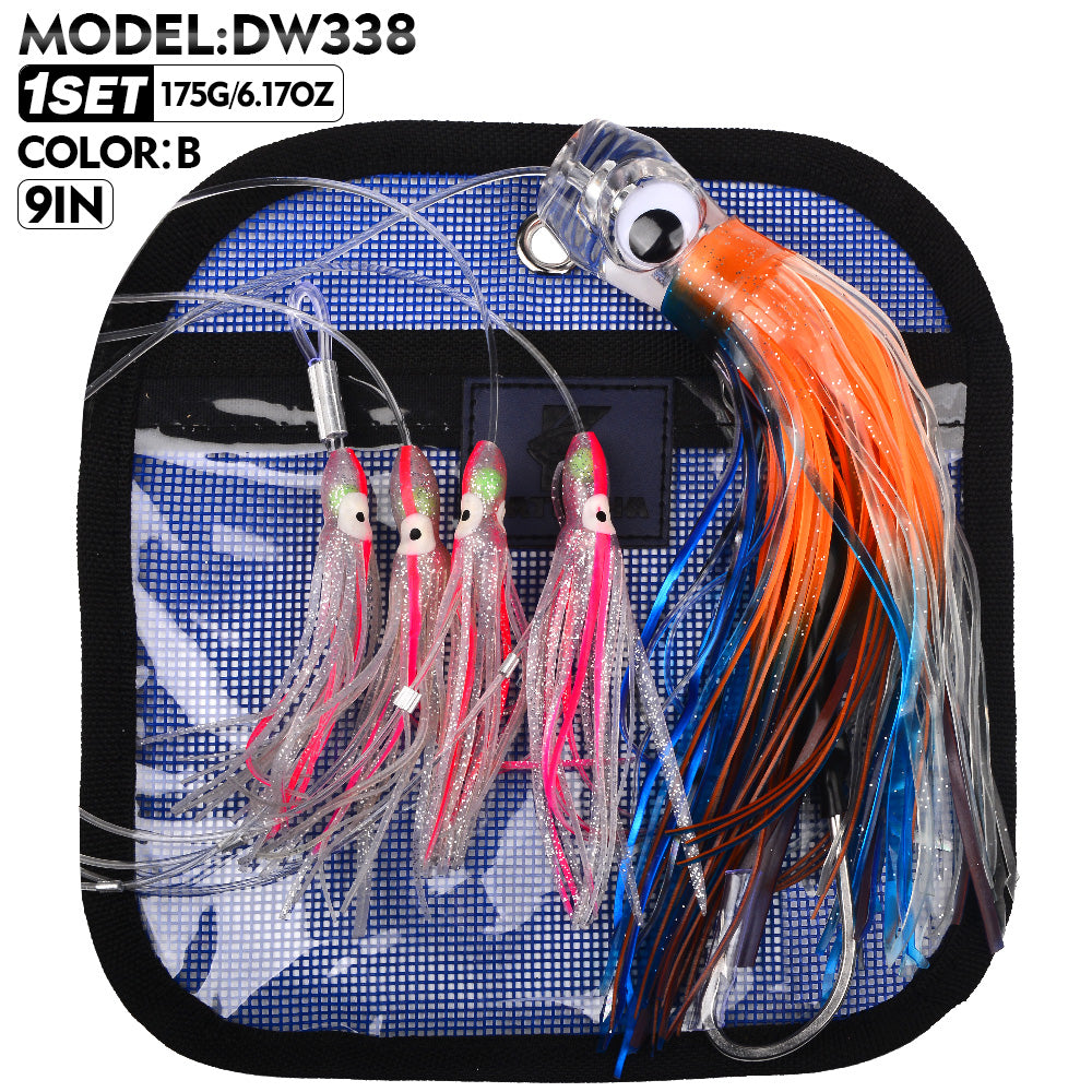 KATYUSHA Squid Trolling Lure Set, 6PCS/Set, 5.9-9.1in, Crystal/Metal Head, with Storage Bag