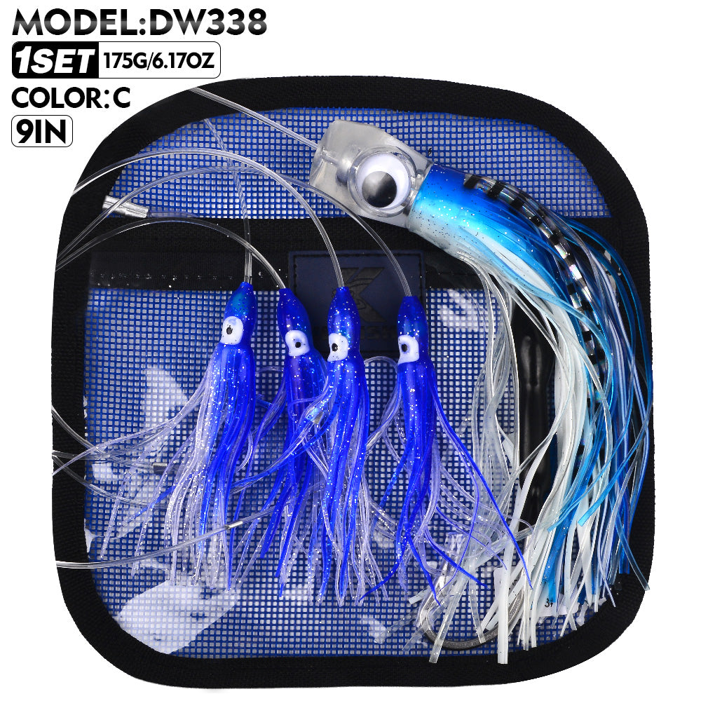 KATYUSHA Squid Trolling Lure Set, 6PCS/Set, 5.9-9.1in, Crystal/Metal Head, with Storage Bag