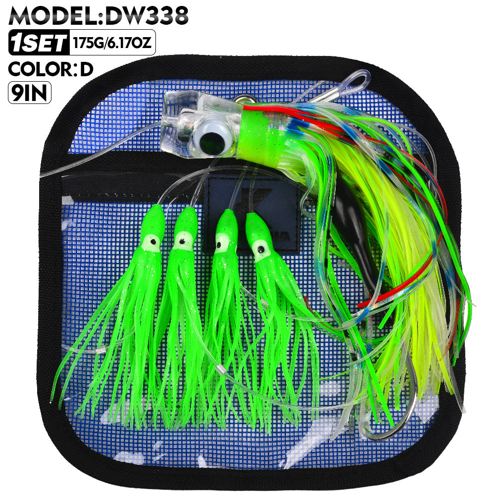 KATYUSHA Squid Trolling Lure Set, 6PCS/Set, 5.9-9.1in, Crystal/Metal Head, with Storage Bag