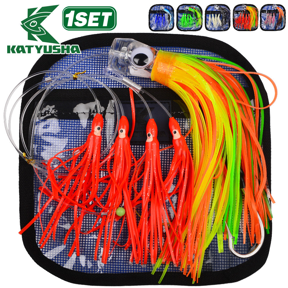 KATYUSHA Squid Trolling Lure Set, 6PCS/Set, 5.9-9.1in, Crystal/Metal Head, with Storage Bag