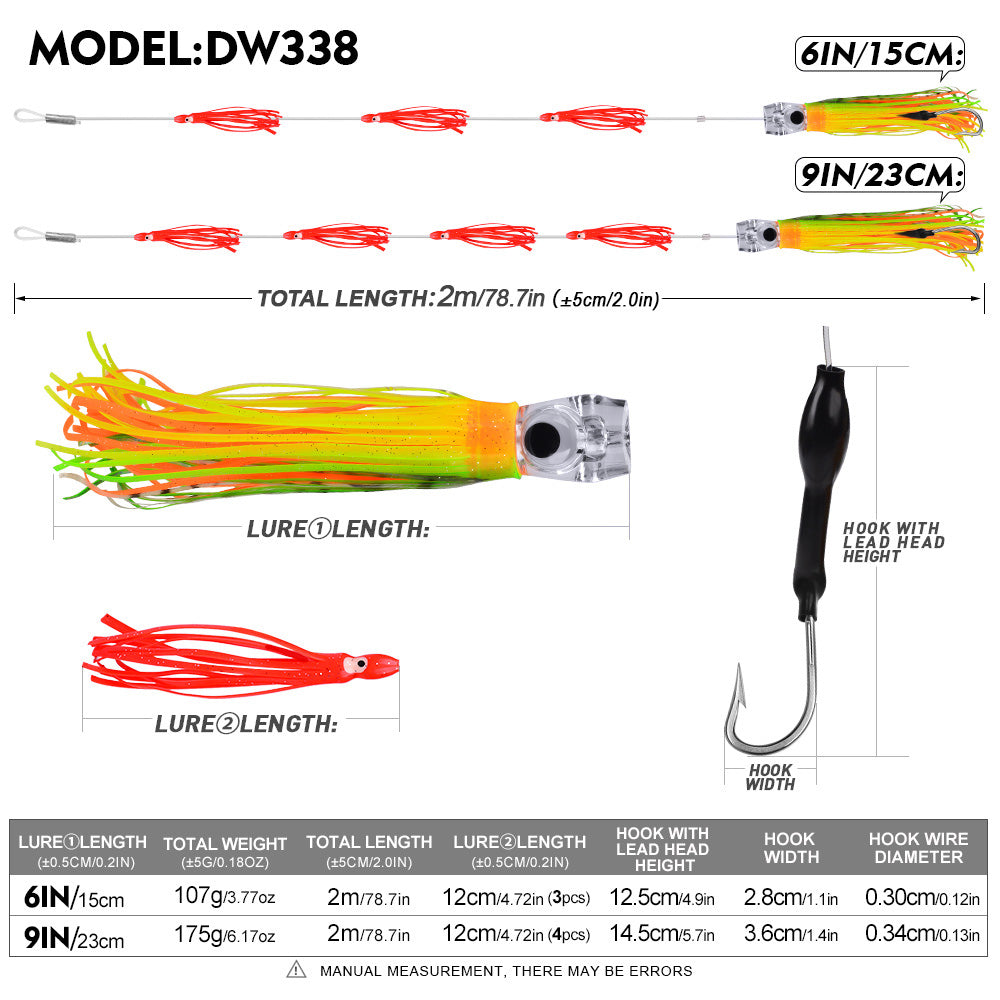 KATYUSHA Squid Trolling Lure Set, 6PCS/Set, 5.9-9.1in, Crystal/Metal Head, with Storage Bag