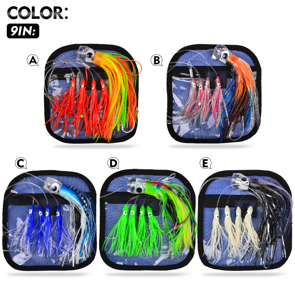 KATYUSHA Squid Trolling Lure Set, 6PCS/Set, 5.9-9.1in, Crystal/Metal Head, with Storage Bag