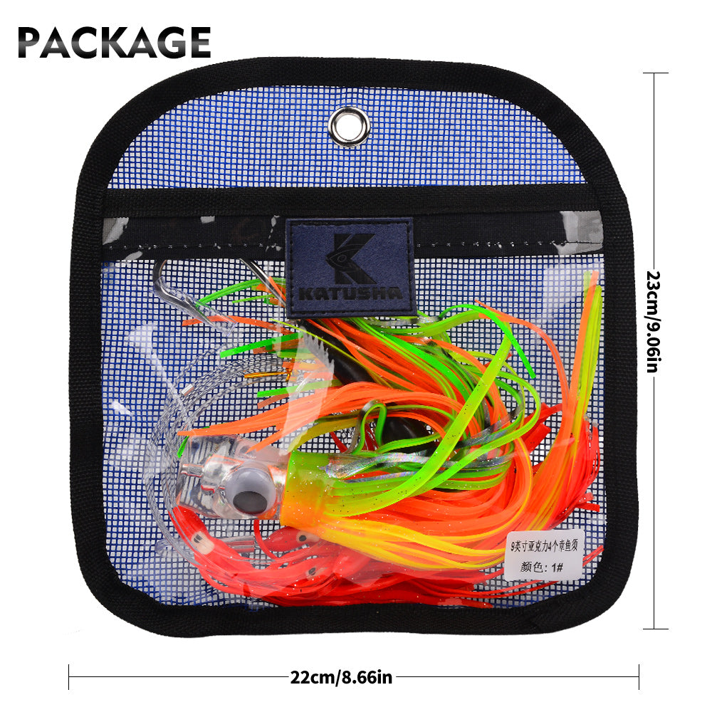 KATYUSHA Squid Trolling Lure Set, 6PCS/Set, 5.9-9.1in, Crystal/Metal Head, with Storage Bag