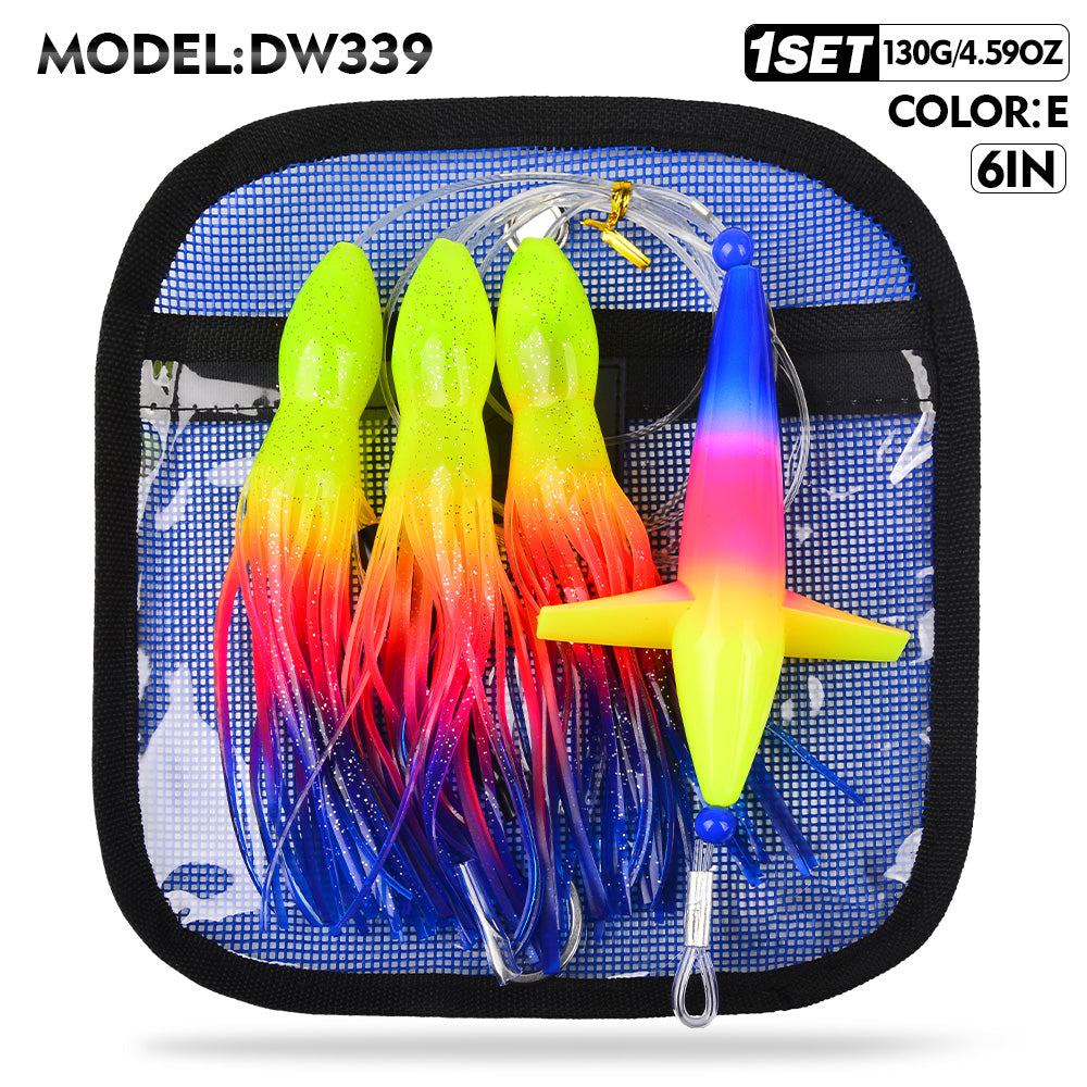 KATUYSHA Offshore Trolling Rig, Dolphin Teaser + Squid Skirts, Pre-Rigged Lead Hook