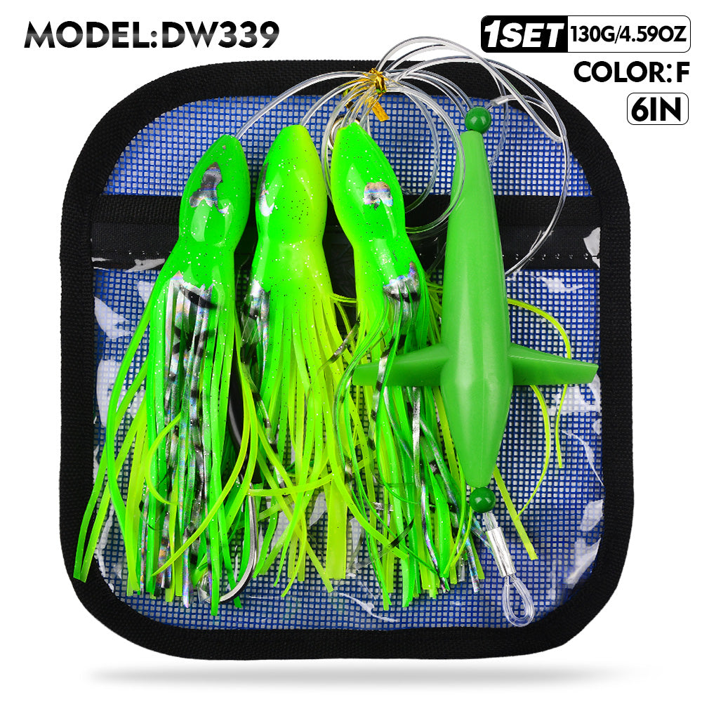 KATUYSHA Offshore Trolling Rig, Dolphin Teaser + Squid Skirts, Pre-Rigged Lead Hook