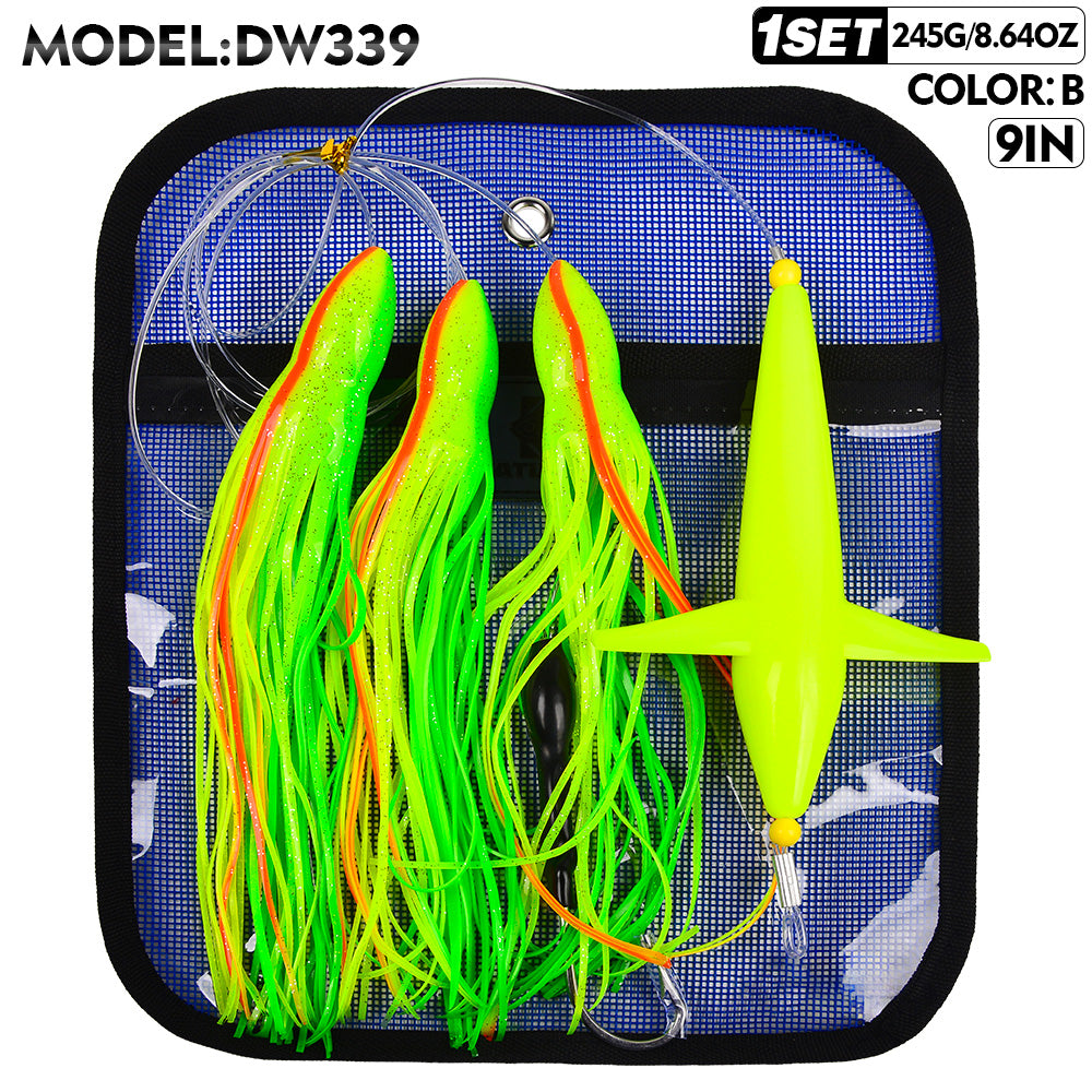 KATUYSHA Offshore Trolling Rig, Dolphin Teaser + Squid Skirts, Pre-Rigged Lead Hook