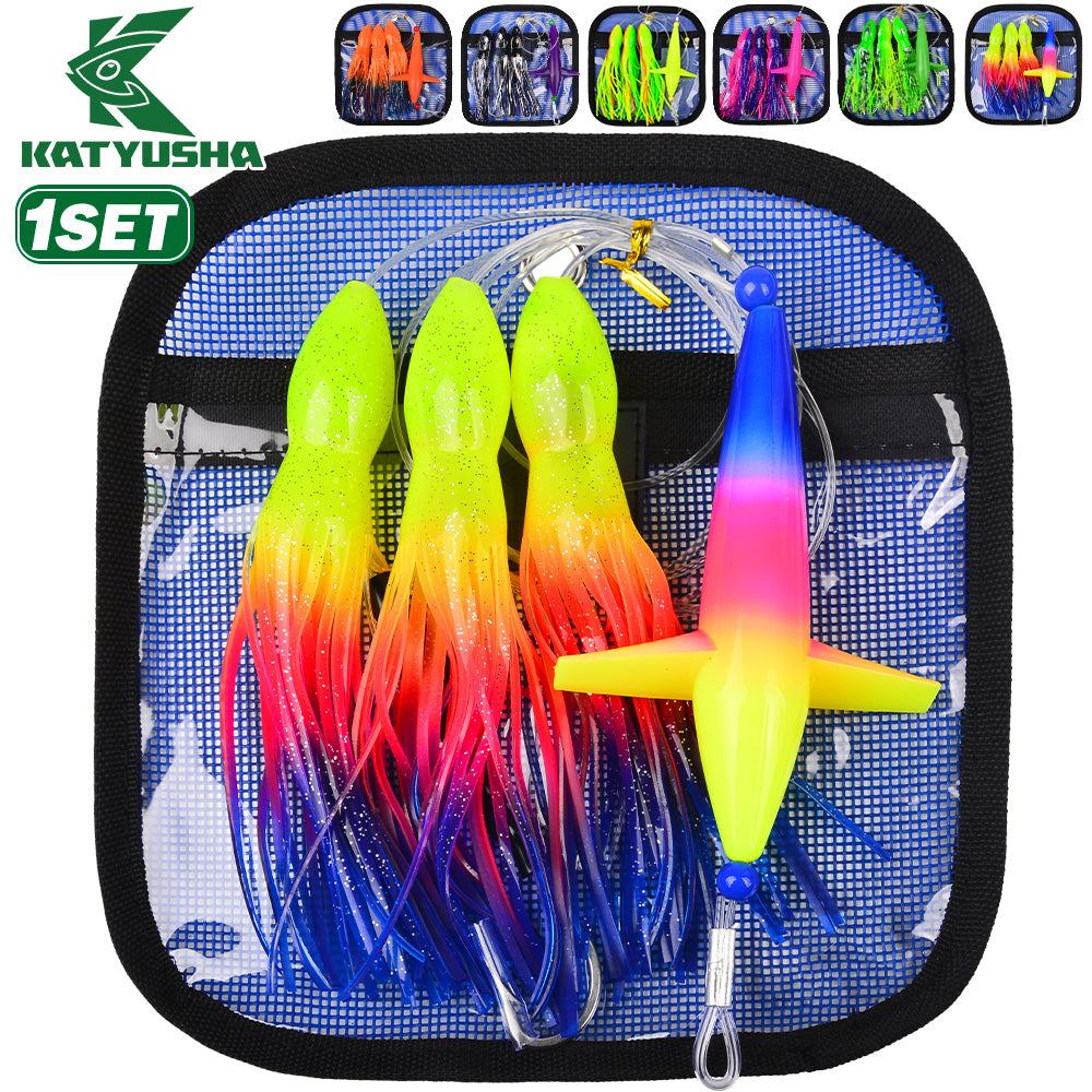 KATUYSHA Offshore Trolling Rig, Dolphin Teaser + Squid Skirts, Pre-Rigged Lead Hook