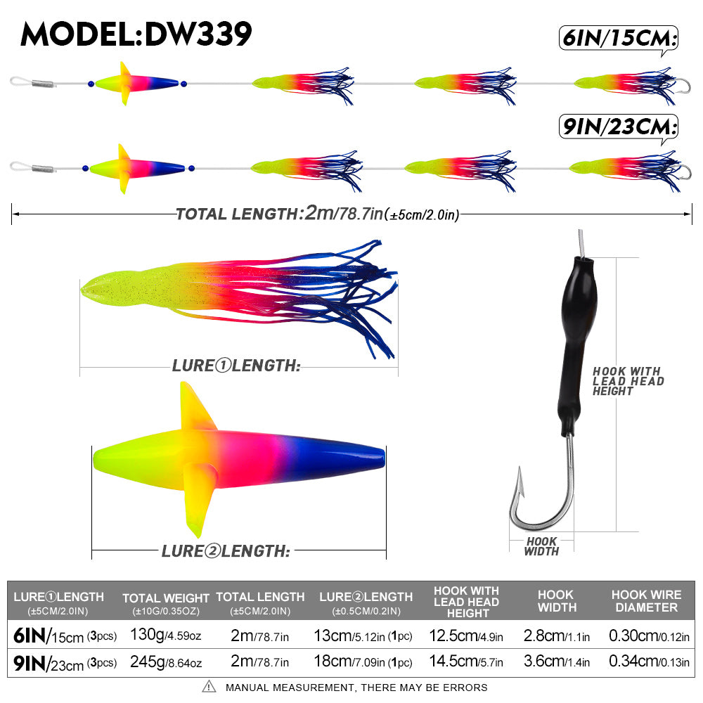 KATUYSHA Offshore Trolling Rig, Dolphin Teaser + Squid Skirts, Pre-Rigged Lead Hook