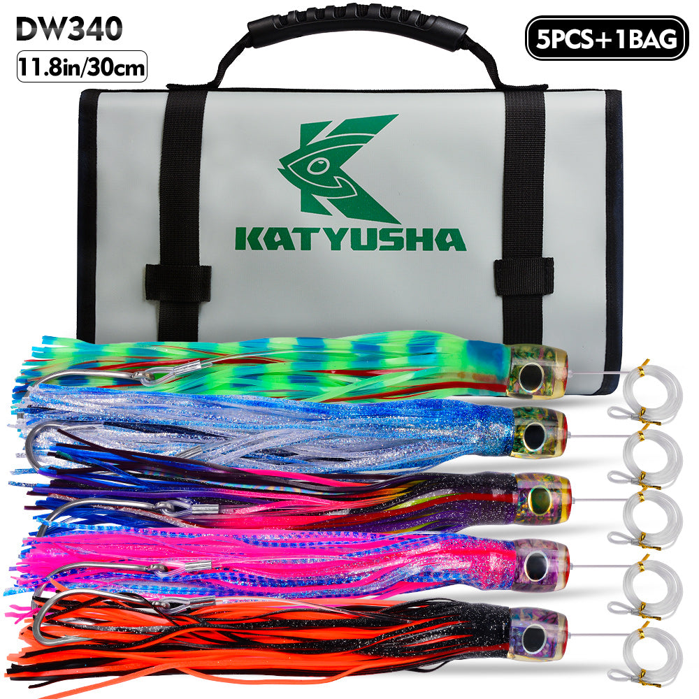 KATYUSHA Trolling Lure Set, 5PCS/Set, 9/11/14in, Round/Pointed Head, with Storage Bag