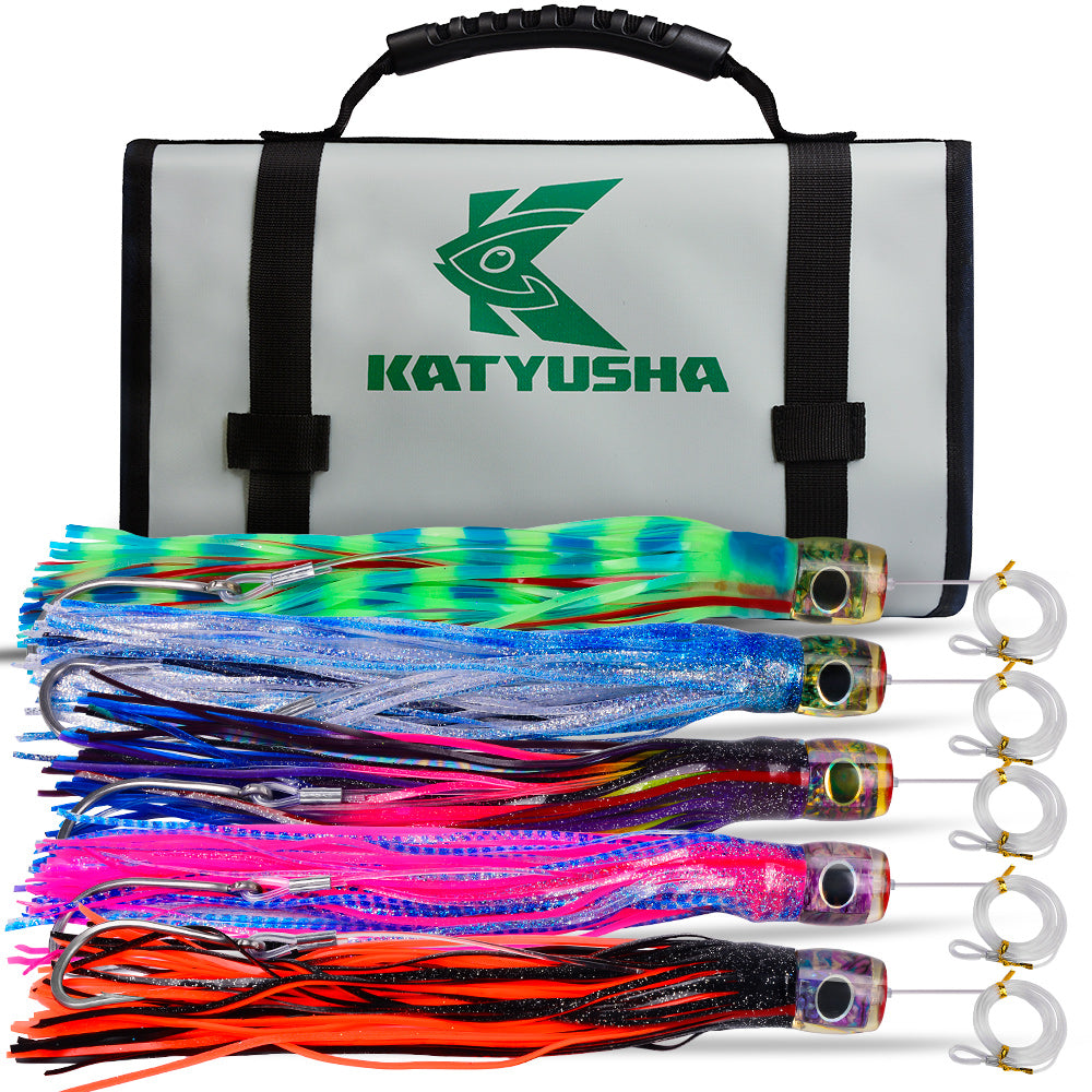 KATYUSHA Trolling Lure Set, 5PCS/Set, 9/11/14in, Round/Pointed Head, with Storage Bag