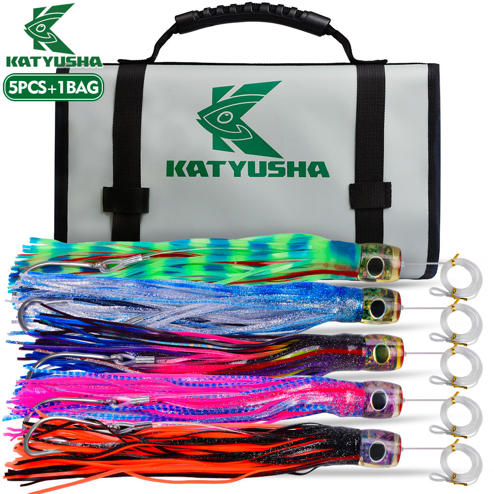 KATYUSHA Trolling Lure Set, 5PCS/Set, 9/11/14in, Round/Pointed Head, with Storage Bag
