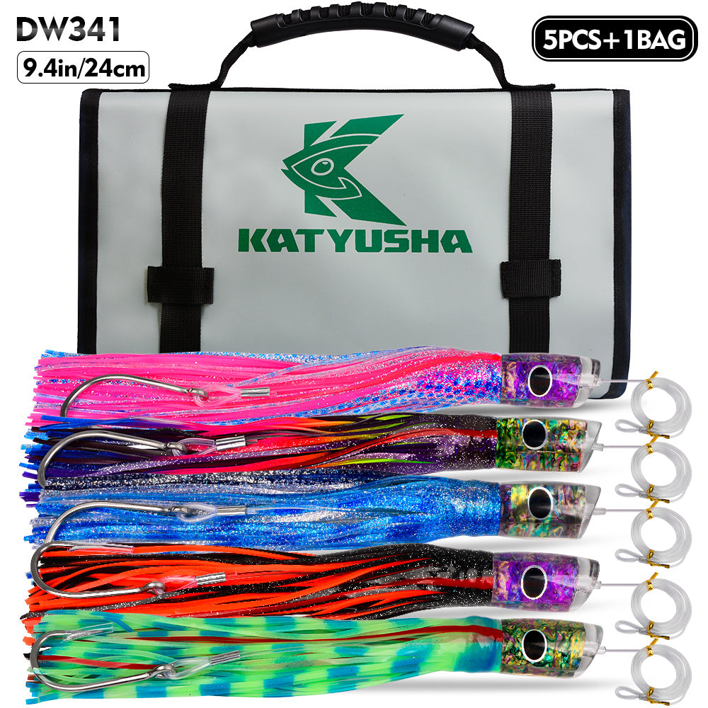 KATYUSHA Trolling Lure Set, 5PCS/Set, 9/11/14in, Round/Pointed Head, with Storage Bag
