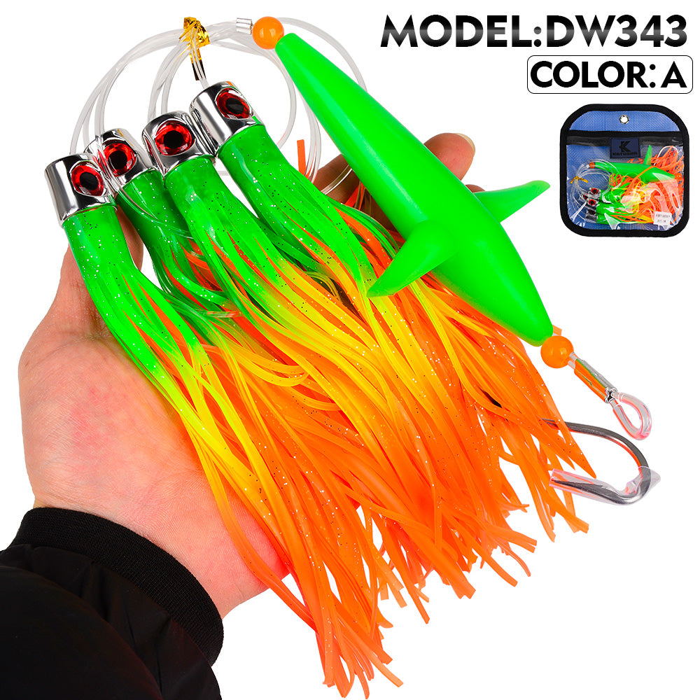 KATYUSHA Offshore Trolling Rig, Green Dolphin Teaser + Squid Skirts, Pre-Rigged Lead Hook