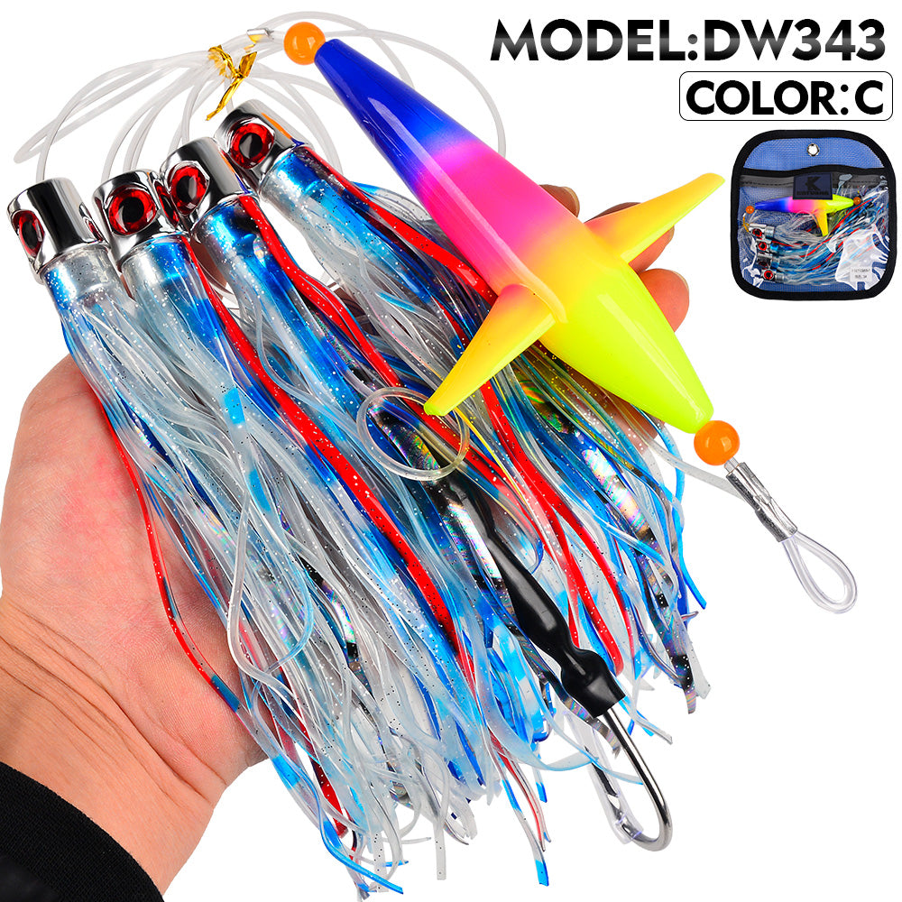 KATYUSHA Offshore Trolling Rig, Green Dolphin Teaser + Squid Skirts, Pre-Rigged Lead Hook