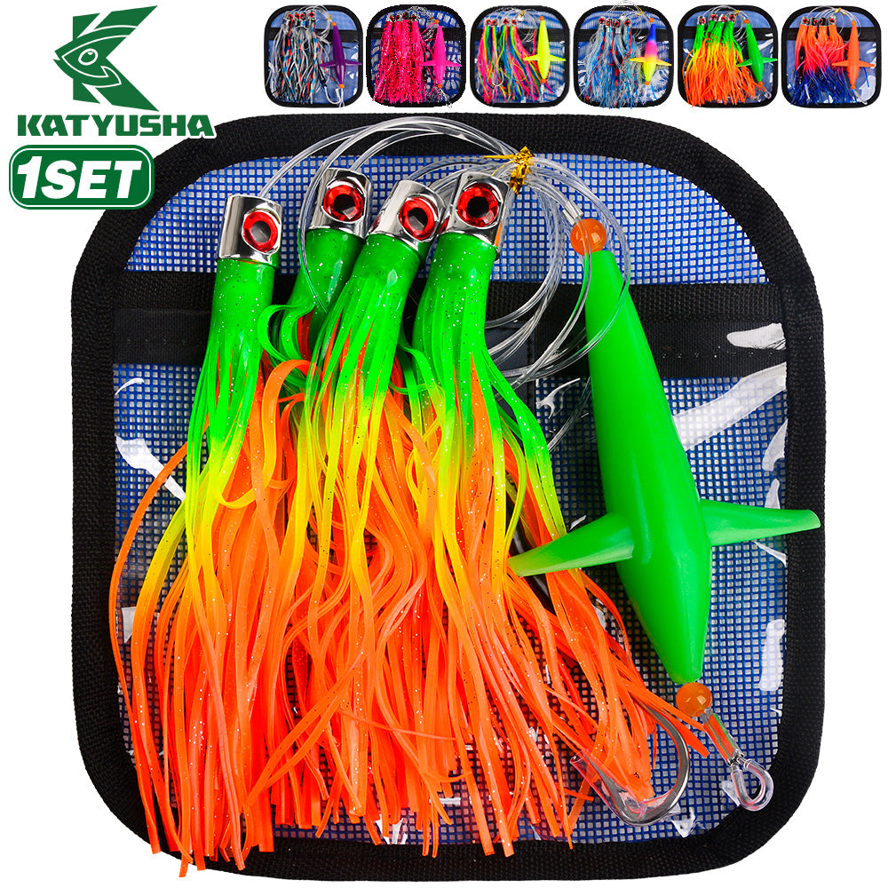 KATYUSHA Offshore Trolling Rig, Green Dolphin Teaser + Squid Skirts, Pre-Rigged Lead Hook