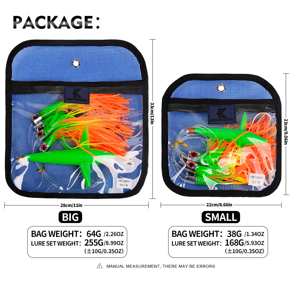 KATYUSHA Offshore Trolling Rig, Green Dolphin Teaser + Squid Skirts, Pre-Rigged Lead Hook