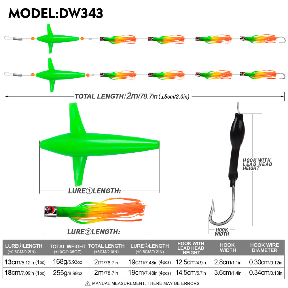 KATYUSHA Offshore Trolling Rig, Green Dolphin Teaser + Squid Skirts, Pre-Rigged Lead Hook