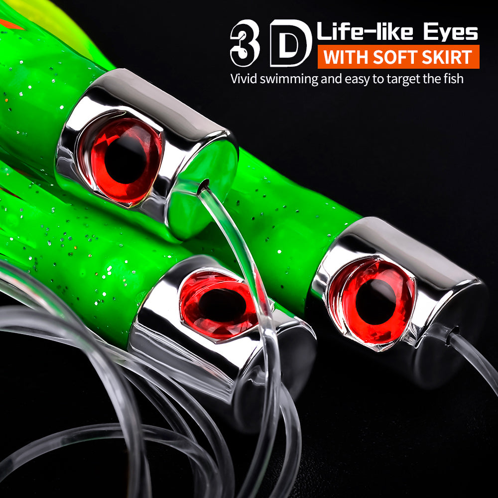 KATYUSHA Offshore Trolling Rig, Green Dolphin Teaser + Squid Skirts, Pre-Rigged Lead Hook