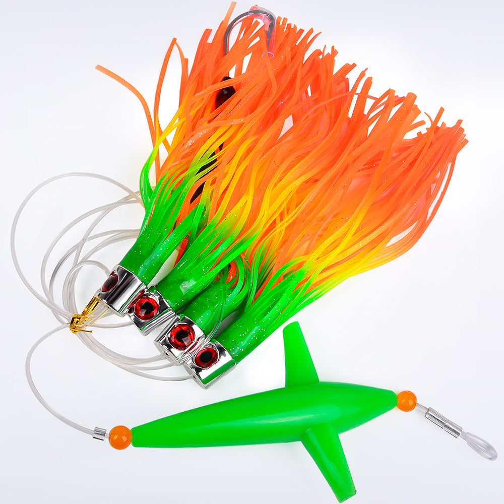 KATYUSHA Offshore Trolling Rig, Green Dolphin Teaser + Squid Skirts, Pre-Rigged Lead Hook
