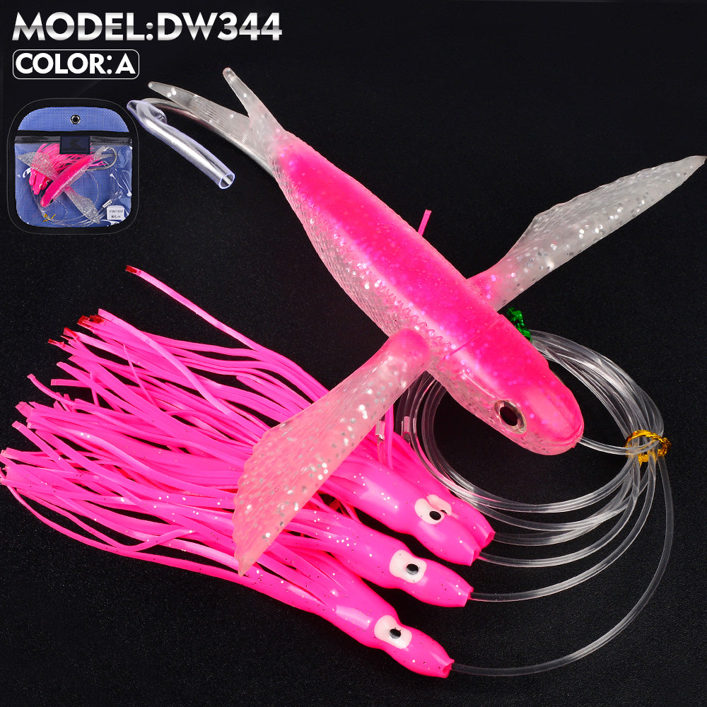 KATYUSHA Offshore Trolling Rig, Flying Fish Teaser + Squid Skirts, Pre-Rigged Hook