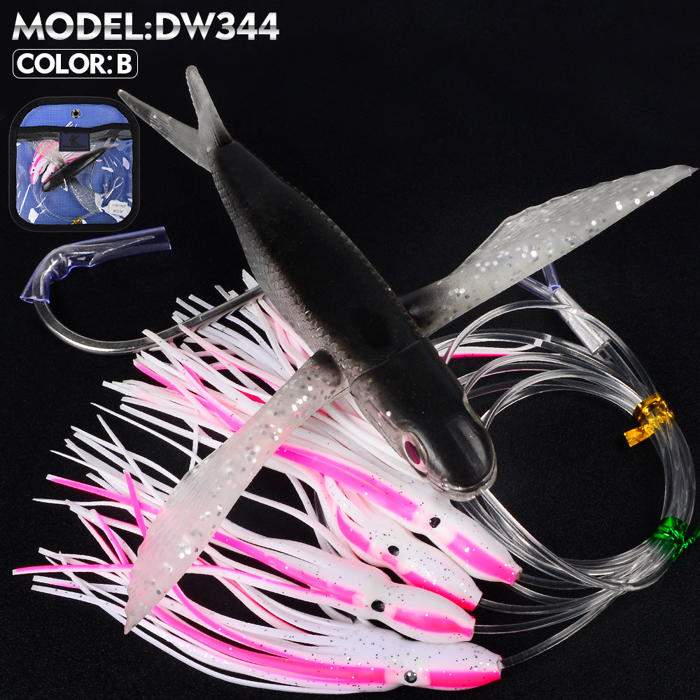 KATYUSHA Offshore Trolling Rig, Flying Fish Teaser + Squid Skirts, Pre-Rigged Hook