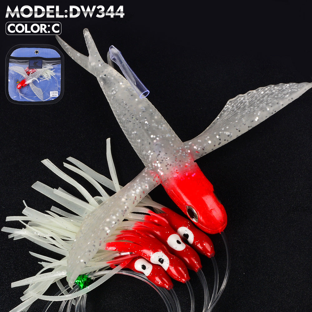 KATYUSHA Offshore Trolling Rig, Flying Fish Teaser + Squid Skirts, Pre-Rigged Hook