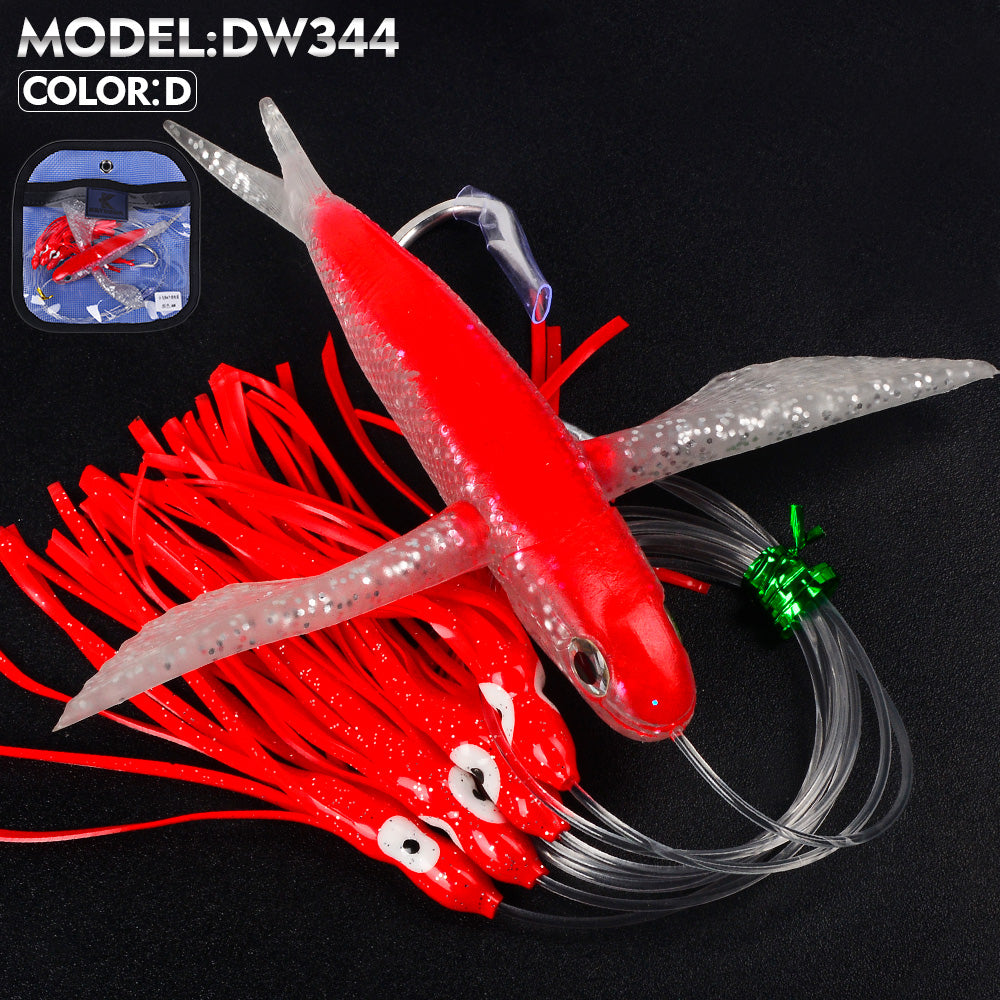 KATYUSHA Offshore Trolling Rig, Flying Fish Teaser + Squid Skirts, Pre-Rigged Hook