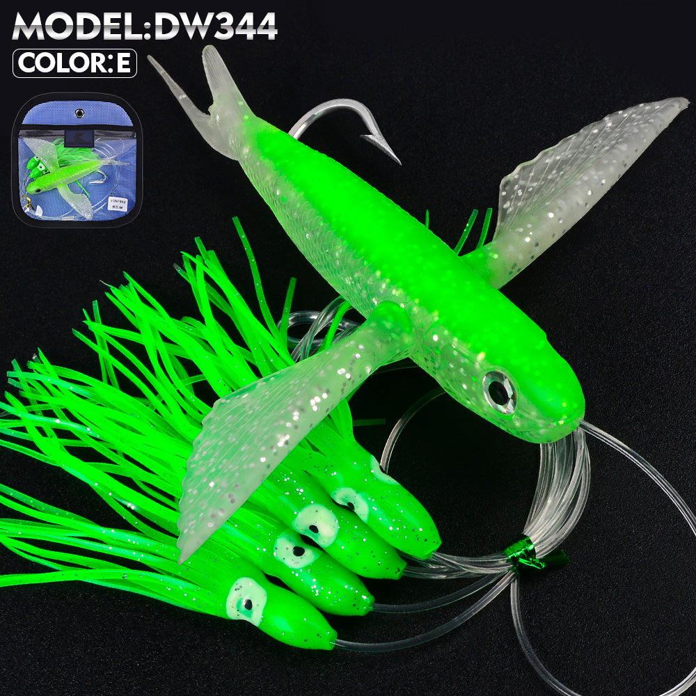 KATYUSHA Offshore Trolling Rig, Flying Fish Teaser + Squid Skirts, Pre-Rigged Hook