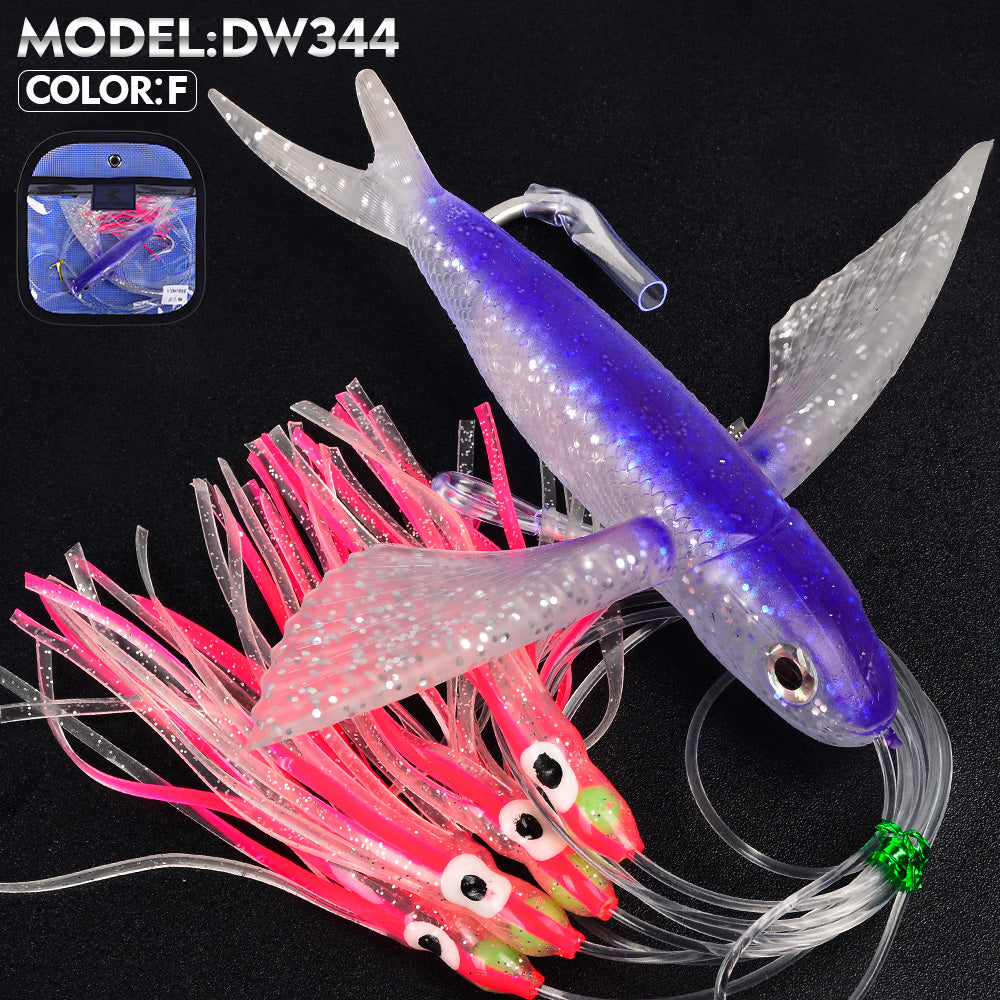 KATYUSHA Offshore Trolling Rig, Flying Fish Teaser + Squid Skirts, Pre-Rigged Hook