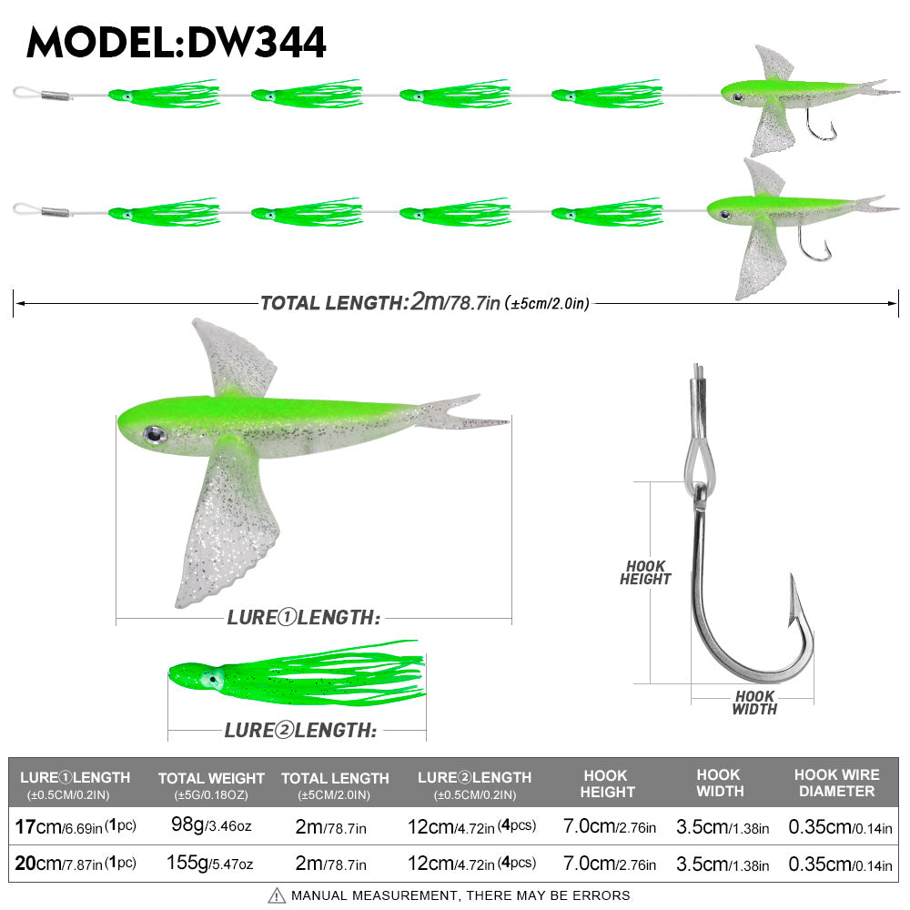 KATYUSHA Offshore Trolling Rig, Flying Fish Teaser + Squid Skirts, Pre-Rigged Hook