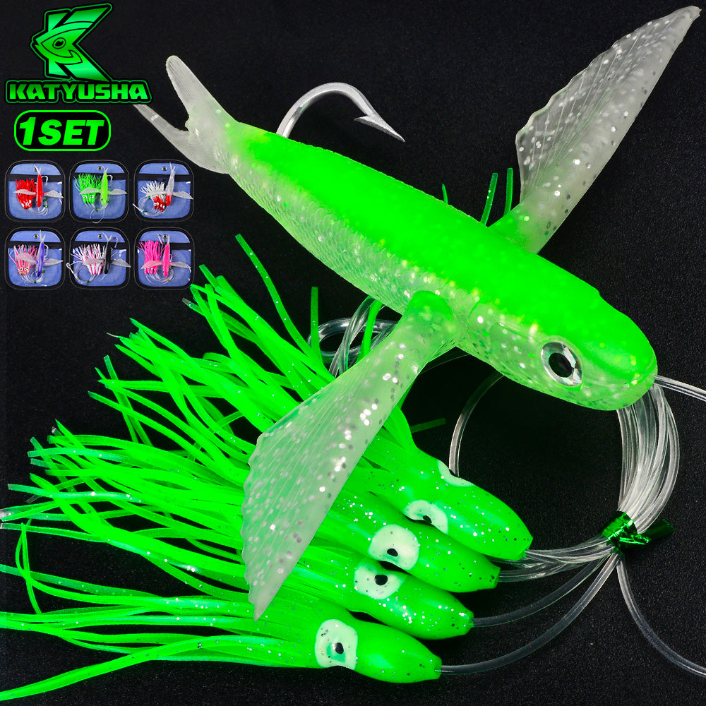 KATYUSHA Offshore Trolling Rig, Flying Fish Teaser + Squid Skirts, Pre-Rigged Hook