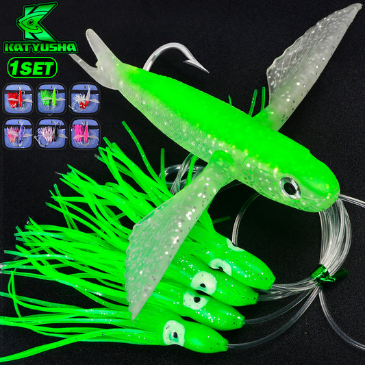 KATYUSHA Offshore Trolling Rig, Flying Fish Teaser + Squid Skirts, Pre-Rigged Hook