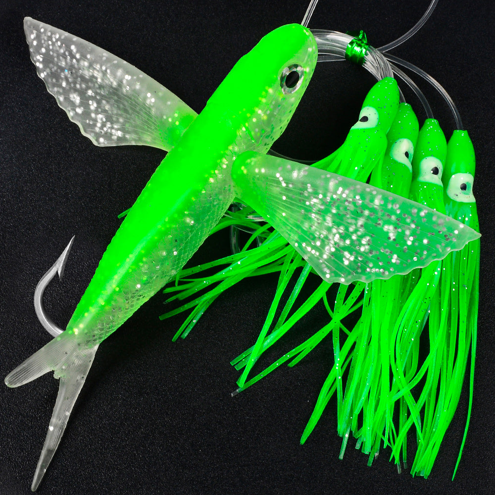 KATYUSHA Offshore Trolling Rig, Flying Fish Teaser + Squid Skirts, Pre-Rigged Hook