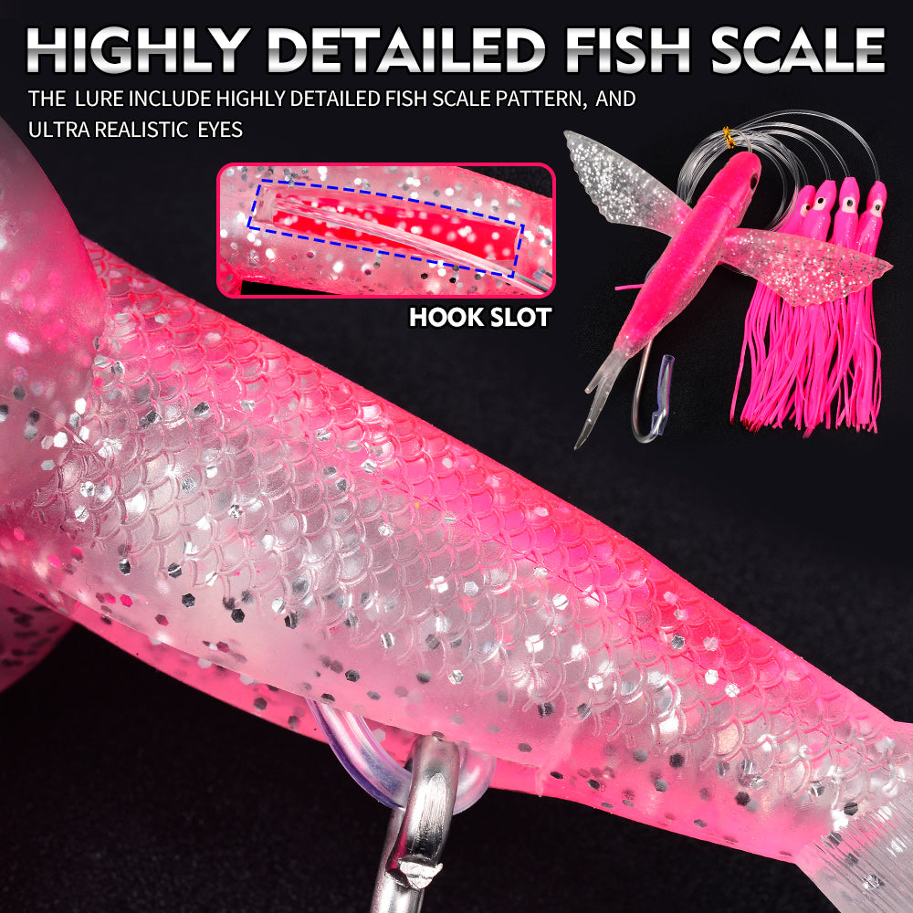 KATYUSHA Offshore Trolling Rig, Flying Fish Teaser + Squid Skirts, Pre-Rigged Hook