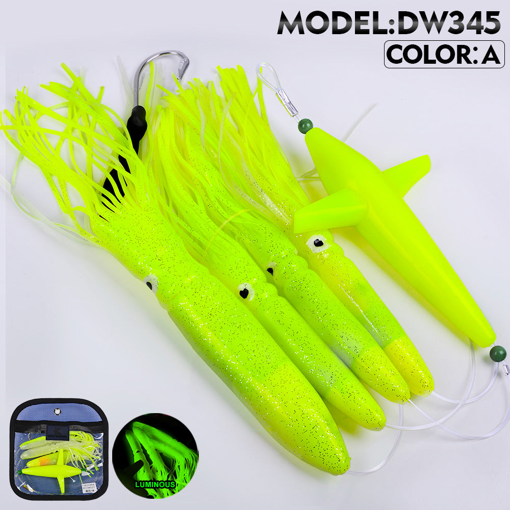 KATYUSHA Offshore Trolling Rig, Orange Dolphin Teaser + Squid Skirts, Pre-Rigged Lead Hook,6 Colors