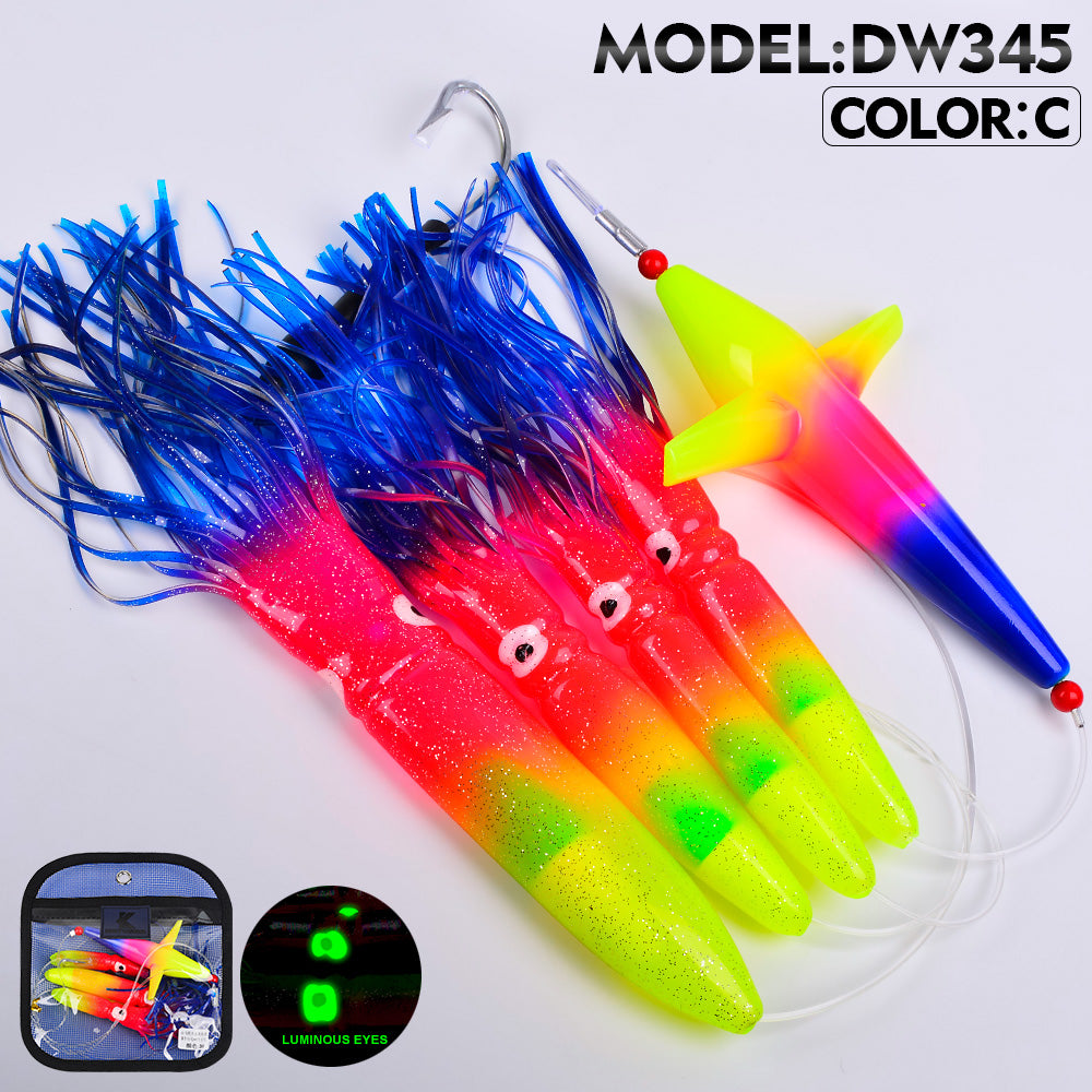 KATYUSHA Offshore Trolling Rig, Orange Dolphin Teaser + Squid Skirts, Pre-Rigged Lead Hook,6 Colors