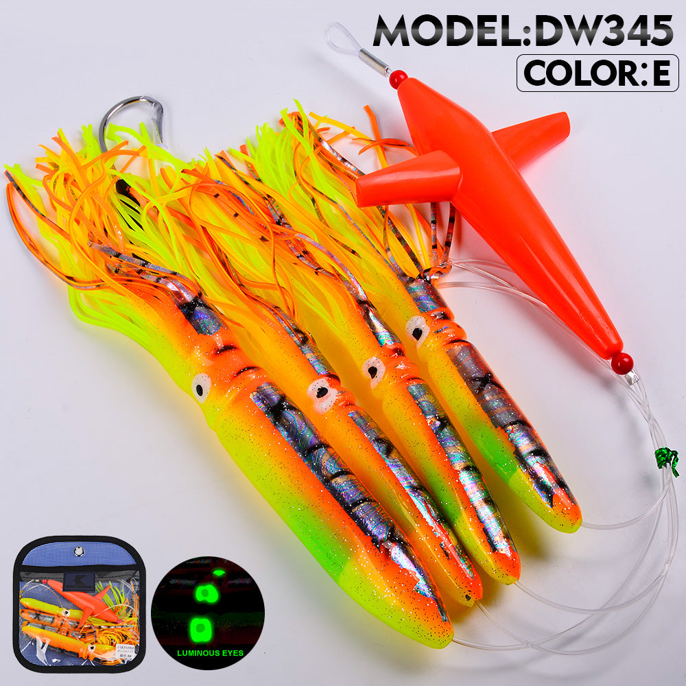 KATYUSHA Offshore Trolling Rig, Orange Dolphin Teaser + Squid Skirts, Pre-Rigged Lead Hook,6 Colors