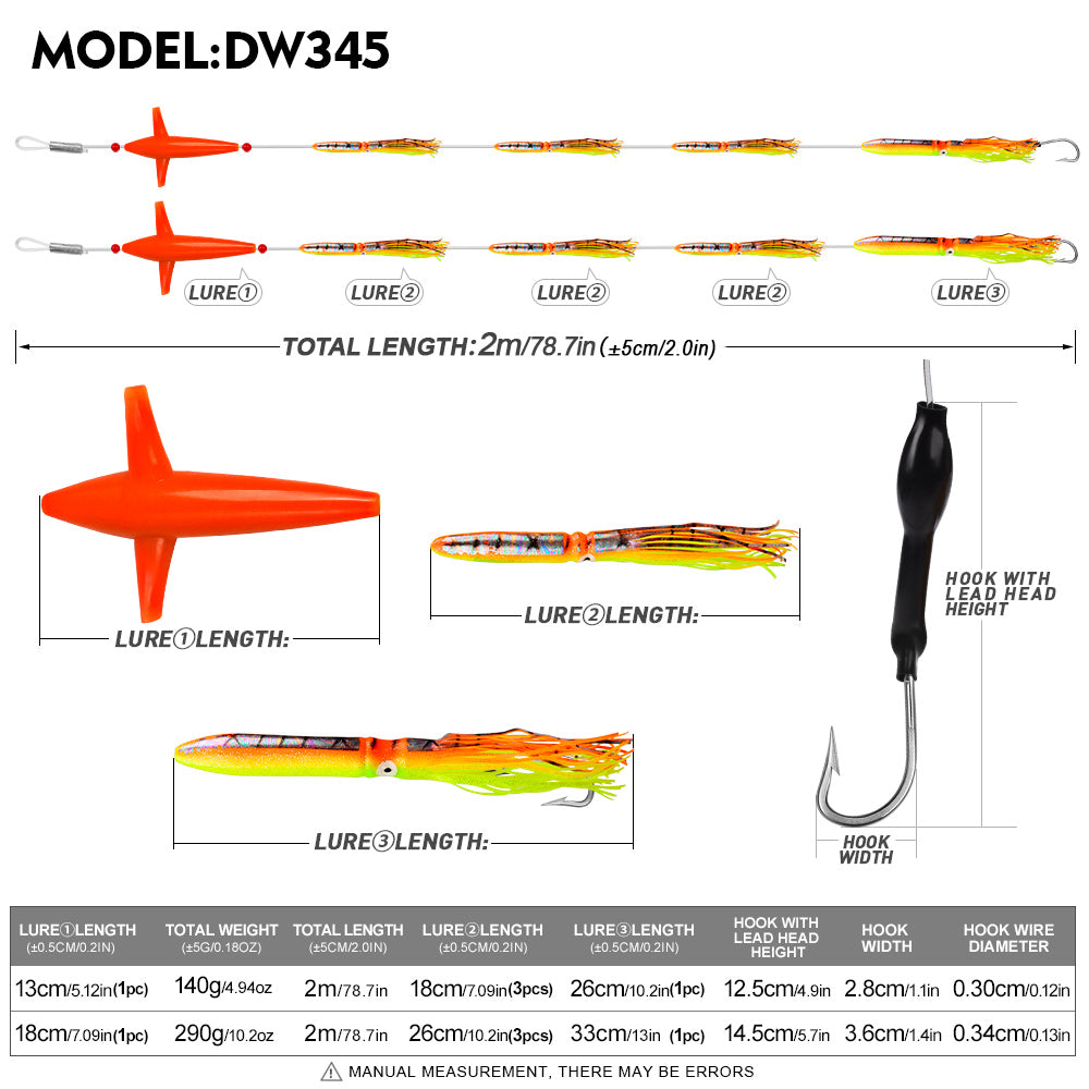 KATYUSHA Offshore Trolling Rig, Orange Dolphin Teaser + Squid Skirts, Pre-Rigged Lead Hook,6 Colors
