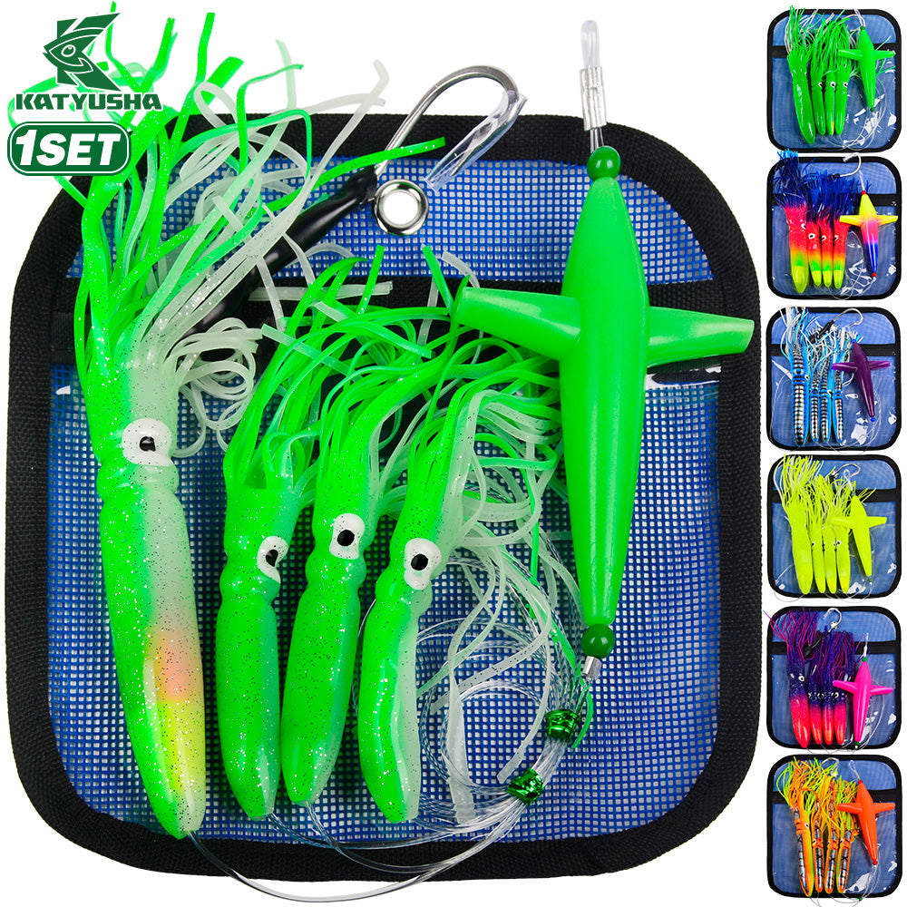 KATYUSHA Offshore Trolling Rig, Orange Dolphin Teaser + Squid Skirts, Pre-Rigged Lead Hook,6 Colors
