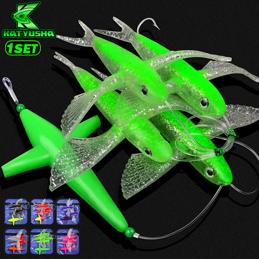 KATYUSHA Offshore Trolling Rig, Green Teaser + Flying Fish Lures, Pre-Rigged Hook