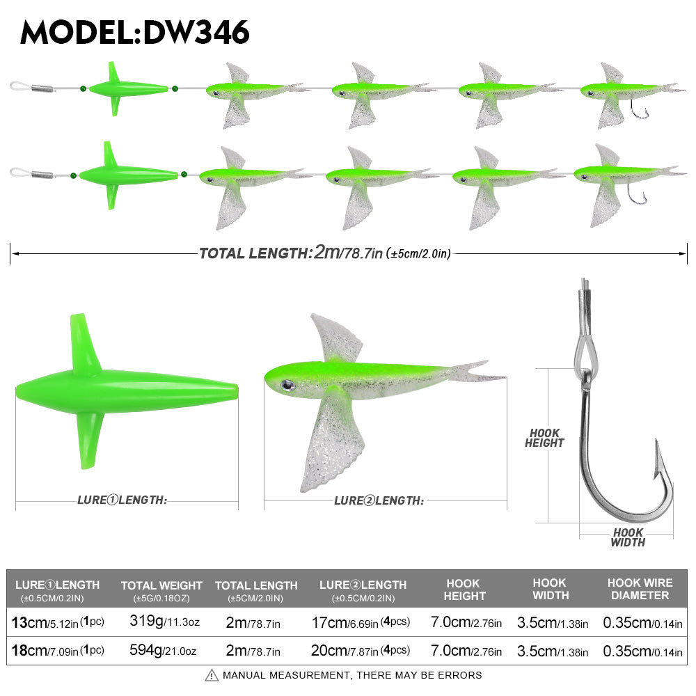 KATYUSHA Offshore Trolling Rig, Green Teaser + Flying Fish Lures, Pre-Rigged Hook