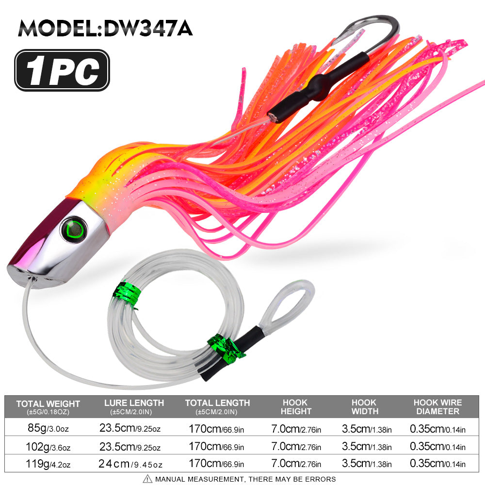 KATYUSHA Squid Trolling Lure, 85g/102g/119g / 23.5/24cm, 170cm Leader (Colors A-E) Metal Head + Green Squid Skirt