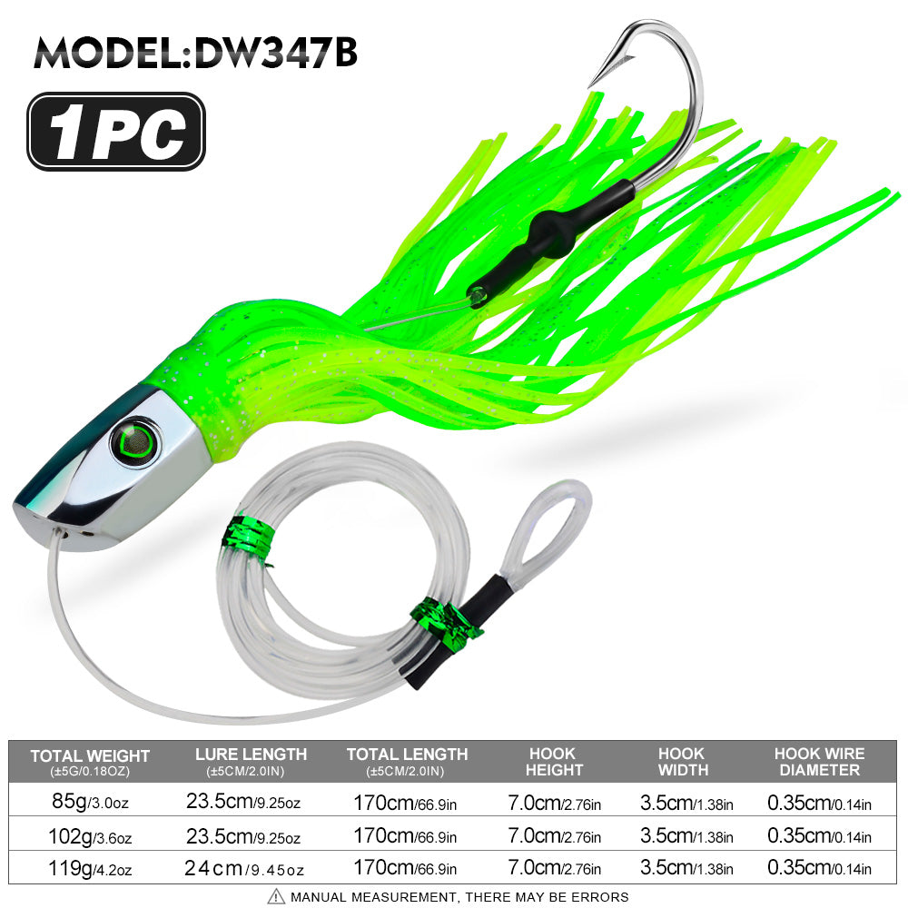 KATYUSHA Squid Trolling Lure, 85g/102g/119g / 23.5/24cm, 170cm Leader (Colors A-E) Metal Head + Green Squid Skirt