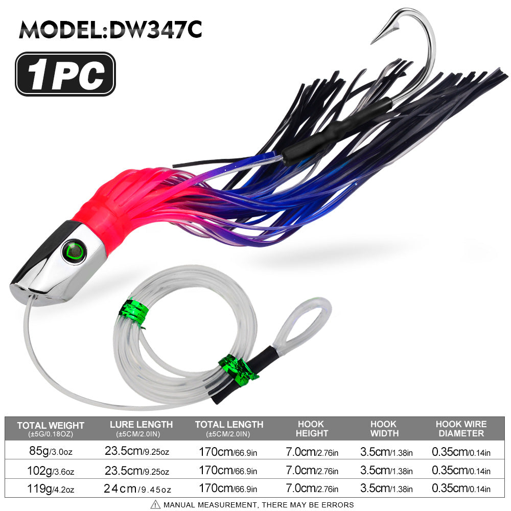 KATYUSHA Squid Trolling Lure, 85g/102g/119g / 23.5/24cm, 170cm Leader (Colors A-E) Metal Head + Green Squid Skirt